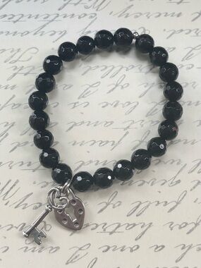 Black Onyx Faceted Bead Stretch Bracelet with Silver Key & Heart Charm
